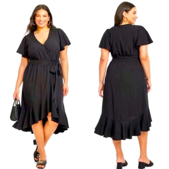 Ava & Viv Dresses & Skirts - NWT Ava & Viv Flutter Sleeve Midi Black Wrap Dress Size XXL